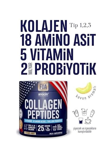 Anocin Collagen Peptides+18 Amino Acid+5 Vitamin+2 Milyar PROBIOTICS,%100 Saf, Doğal Kolajen Peptit