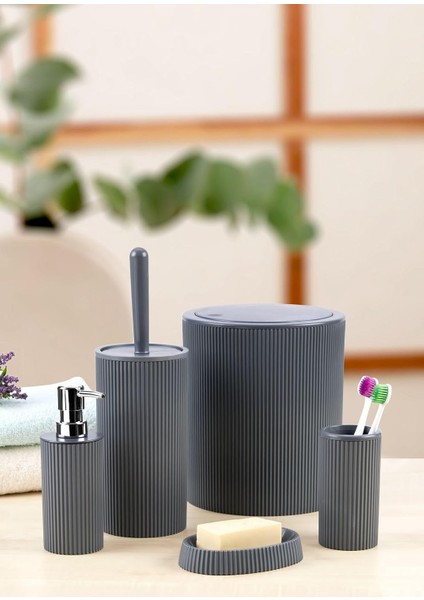 5 Parça Lüx Plastik Seti 7 Litre Dokunmatik Çöp Kovalı, Antibakteriyel Fırça (Gri)