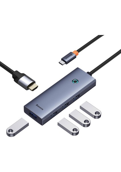 Ultrajoy 5’i 1 Arada USB Hub, 1x HDMI 4K@30Hz + 4x USB 3.0 Port, Çoklayıcı Adaptör, Type-C Girişli Cihazlar Için Uyumlu, Gri