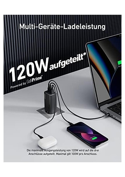 737 Şarj Cihazı (Ganprime 120W); MacBook Pro/air, iPad Pro, Galaxy S22/S21, Xps 13, 20/10+, 14/13 ve Daha Fazlası Için 3 Bağlantı Noktalı Hızlı Kompakt Duvar Şarj Cihazı modelleri