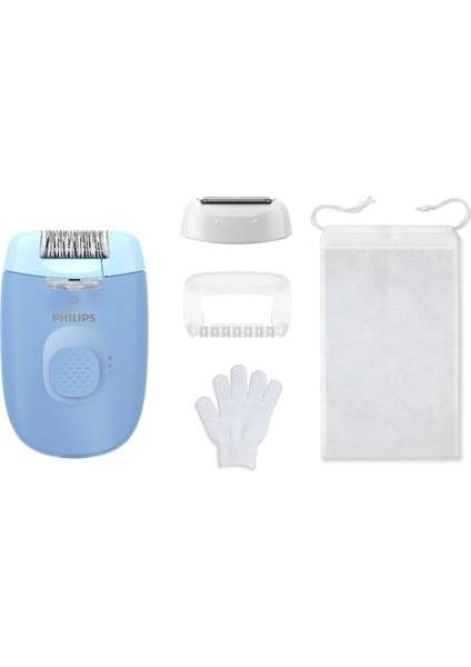 Philips Epilasyon Cihazı, Taşınabilir Kompakt Tasarım, LED Işıklı Yıkanabilir Başlık, Masaj ve Tıraş Başlığı, Peeling Eldiveni Hediyeli, 4 Haftaya Kadar Pürüzsüzlük, Açık Mavi Renk, BRE247/05
