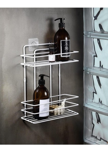 Haus Ömür Boyu Paslanmaz Duvara Yapışkanlı 2 Katlı Düz Şampuanlık Düzenleyici Beyaz Tş-02