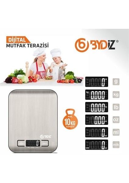 BY-005 Mutfak Terazisi - Paslanmaz Çelik Yüzeyli Mutfak Tartısı - Dara Işlevi, LED Ekran, 5 Birim Dönüştürme ve Otomatik Kapanma Özellikli - 10 kg Tartı Kapasitesi modelleri