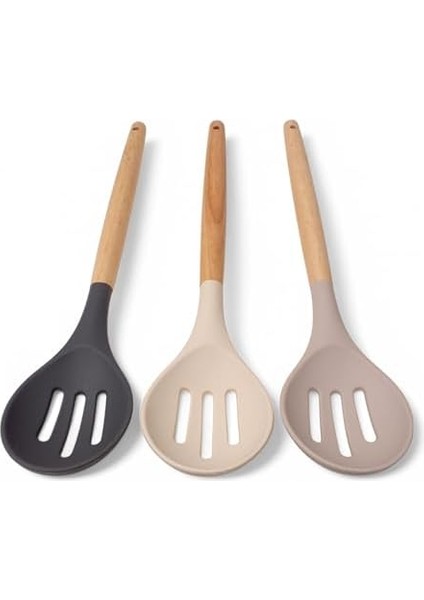 Bambu Saplı Silikon Delikli Servis Kaşığı, Bambu Uzun Silikon Delikli Servi Kaşığı 27CM 3 Renk Seçenekli (Siyah) modelleri