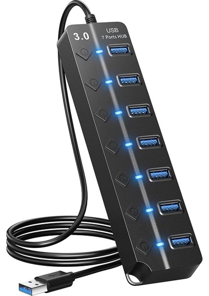 7 Bağlantı Noktalı USB Hub Bölücü Çoklu Hub USB 3.0 Adaptörü USB Çoklu Bağlantı Noktalı Anahtarlı ve Işıklı Güç Adaptörü ZR790