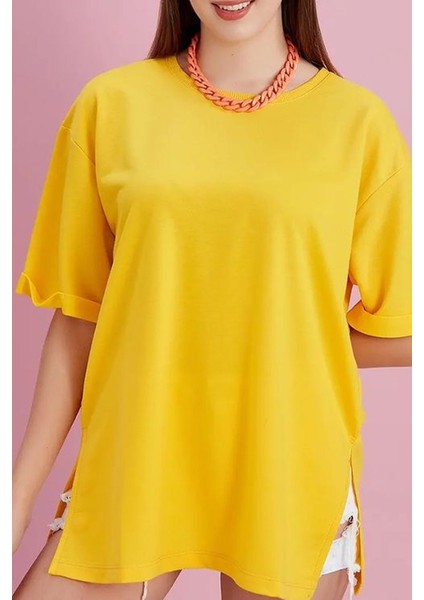 Yırtmaçlı Duble Kol Geniş Bisiklet Yaka Oversize Sweatshirt