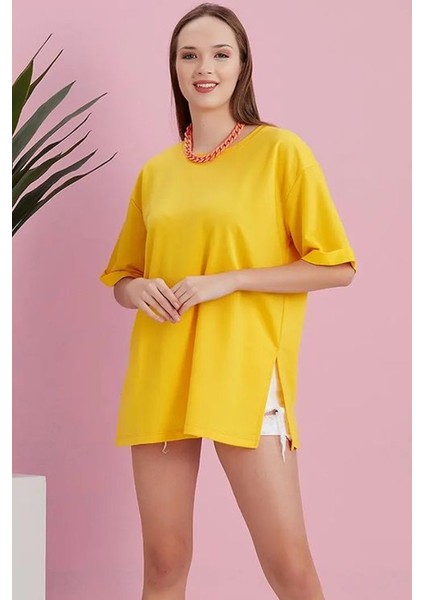 Yırtmaçlı Duble Kol Geniş Bisiklet Yaka Oversize Sweatshirt fiyatları