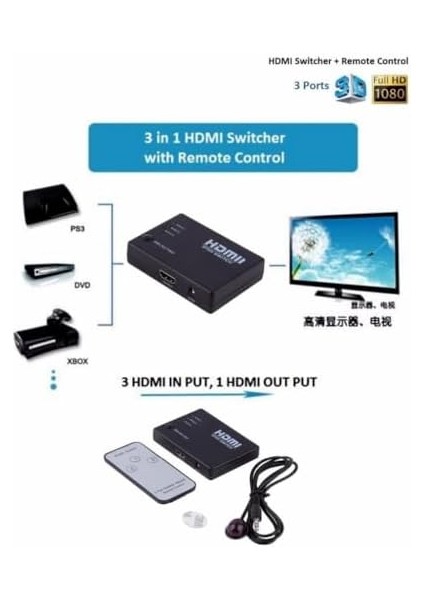 Temiz Pazar 3 Port HDMI Switch Çoklayıcı Çoğaltıcı Kumandalı fiyatları