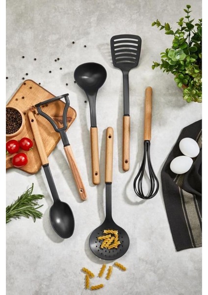 Life 6 Adet Ahşap Saplı Plastik Teflon Siyah Servis Seti MIT1141
