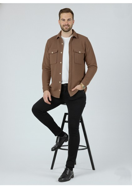 Erkek Slim Fit Düğmeli Yaka Çift Cepli Düz Siyah Polar Erkek Gömlek