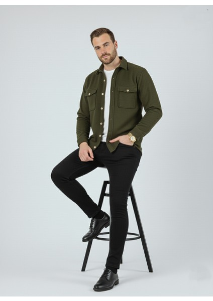 Erkek Slim Fit Düğmeli Yaka Çift Cepli Düz Siyah Polar Erkek Gömlek