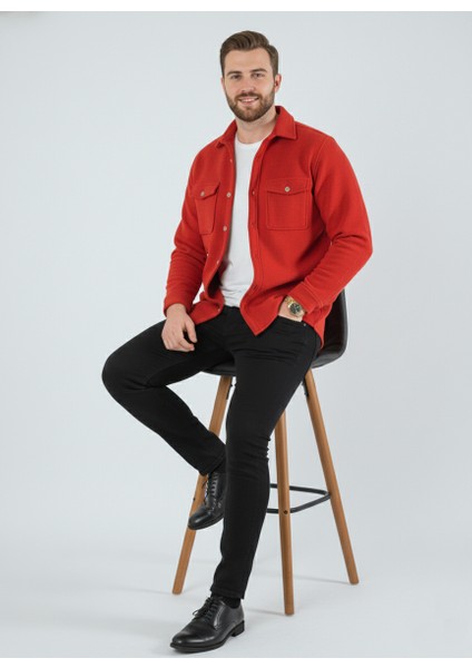 Erkek Slim Fit Düğmeli Yaka Çift Cepli Düz Siyah Polar Erkek Gömlek