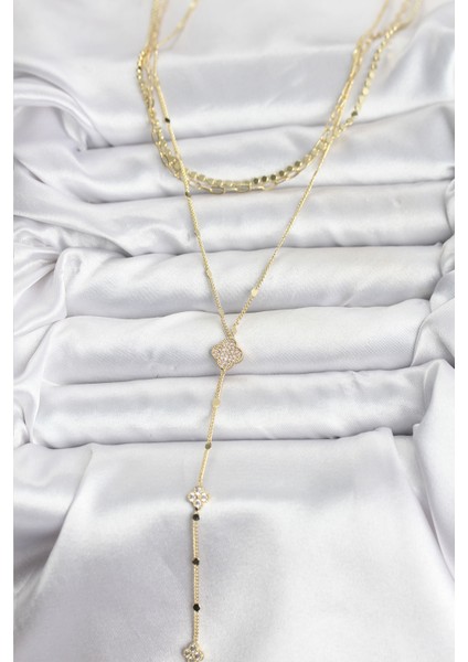 Pirinç Gold Renk Zirkon Taşlı Yoncalı Model Detaylı 3'lü Kombin Y Kadın Kolye - Lisinya fiyatları