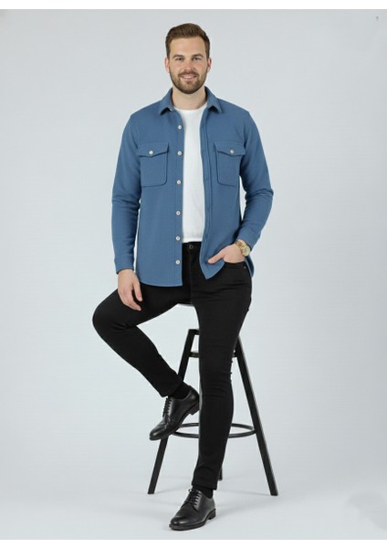 Erkek Slim Fit Düğmeli Yaka Çift Cepli Düz Siyah Polar Erkek Gömlek