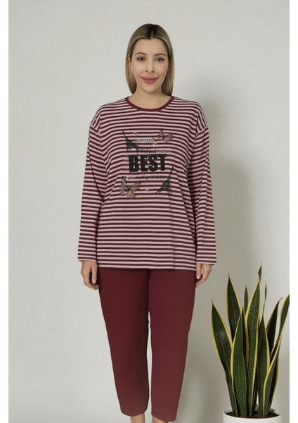 Baskılı Penye Bordo Pijama Takımı Best Model L