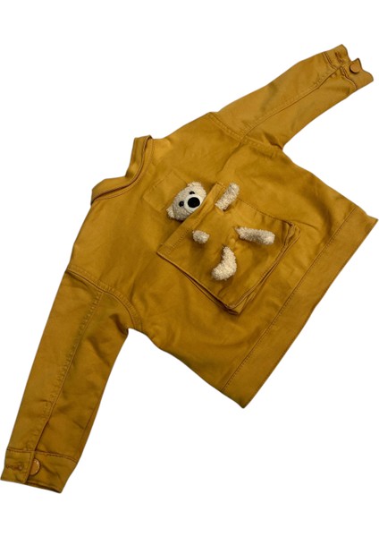 Kız Çocuk /erkek Çocuk Sırtı Ayıcık Detaylı Düğme Kapamalı Hardal Renk Ceket