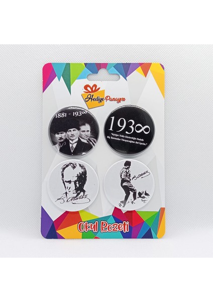 Atatürk Rozetleri 4'lü Set (Yüksek Kalite, 44 mm Çapında, Yerli Üretim, Metal Iğneli Rozet) Set7