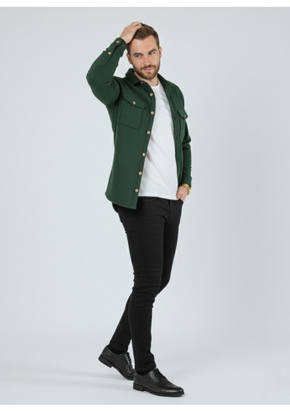 Erkek Slim Fit Düğmeli Yaka Çift Cepli Düz Siyah Polar Erkek Gömlek modelleri