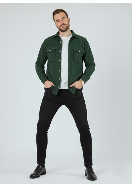 Erkek Slim Fit Düğmeli Yaka Çift Cepli Düz Siyah Polar Erkek Gömlek fırsatları