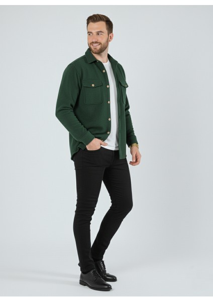 Erkek Slim Fit Düğmeli Yaka Çift Cepli Düz Siyah Polar Erkek Gömlek indirimleri