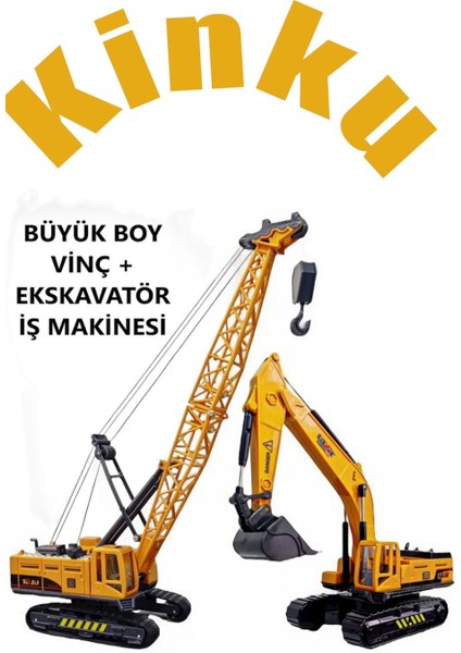 Büyük Boy Vinç + Büyük Boy Kepçe Ekskavatör Oyuncak Kırılmaz Iş Inşaat Makinesi 30 Cm.
