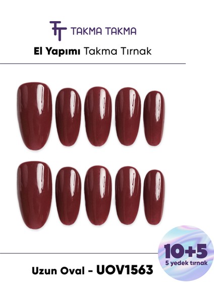 15'li Bordo Uzun Oval UOV1563 Tekrar Kullanılabilir El Yapımı Protez Takma Tırnak Bordo-S