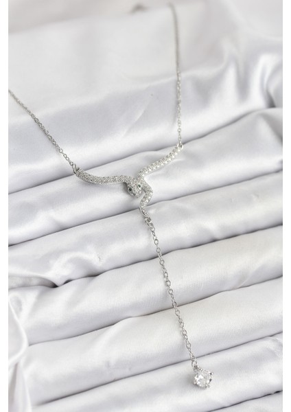 316L Çelik Zincir Gümüş Renk Yılan Model Y Kolye - Lisinya