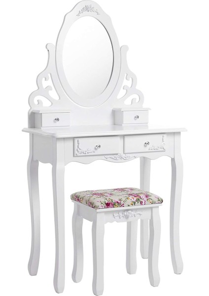 Makyaj Masası, Ayna ve Tabure ile Oyuk Makyaj Masası, 4 Çekmece, Eğim Koruması, Beyaz RDT04W, 75 x 40 cm