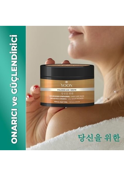Yoon 2'si 1 Arada Saç Maskesi Keratin & Hyalüronik Asit Içeren, Tüm Saç Tipleri ve Hasarlı, Aşırı Yıpranmış Saçları 360° Yoğun Onarıcı ve Besleyici Saç Bakım Maskesi 250ML
