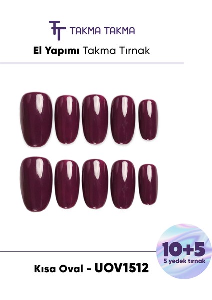 15'li Mor Uzun Oval UOV1512 Tekrar Kullanılabilir El Yapımı Protez Takma Tırnak - Mor-M