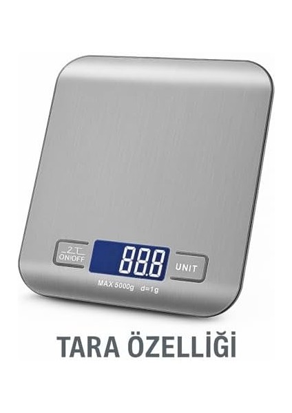 Mutfak Terazisi – 5000 G / 1 G Hassasiyetli Paslanmaz Çelik Tartı, LCD Ekranlı, Akıllı Otomatik Kapanma Özelliği, Gram, Ons ve Ölçer fiyatları