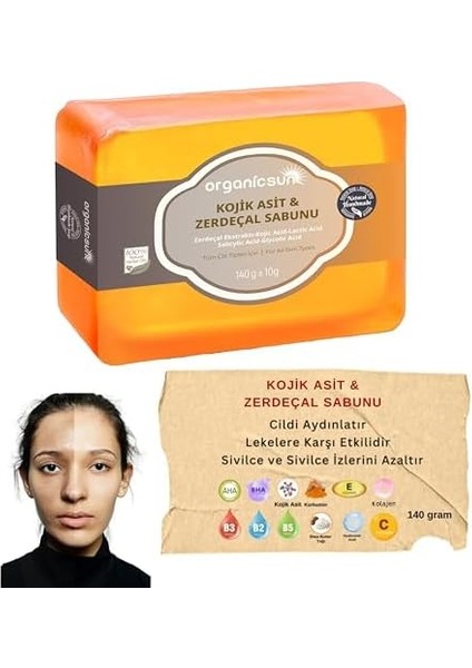 Organicsun Kojik Asit & Zerdeçal Sabunu 140 gr Leke ve Sivilce Karşıtı Kojic Acid - Kolajen - Aha Bha - C Vitamini - Hyaluronic Acid - Shea Butter Yağı Içerikli Aydınlatıcı Sabun modelleri