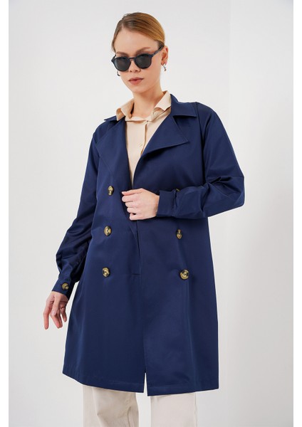 5864 Kruvaze Yaka Kısa Trençkot - Lacivert
