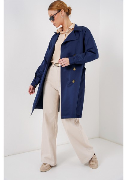 5864 Kruvaze Yaka Kısa Trençkot - Lacivert fiyatları