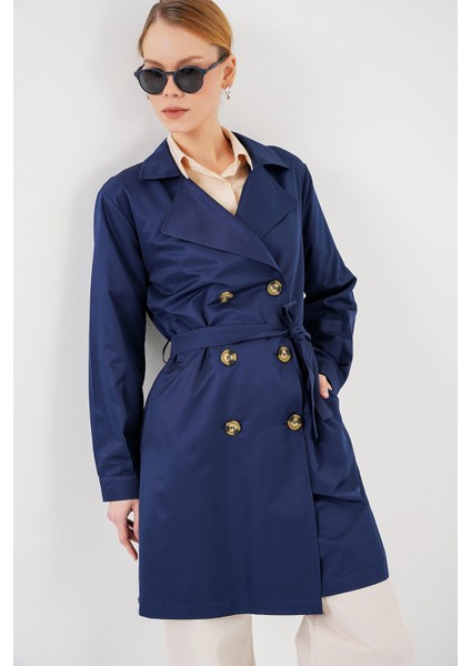 5864 Kruvaze Yaka Kısa Trençkot - Lacivert modelleri