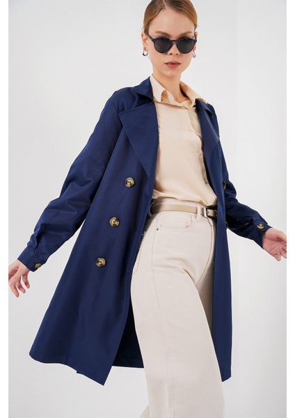 5864 Kruvaze Yaka Kısa Trençkot - Lacivert fırsatları