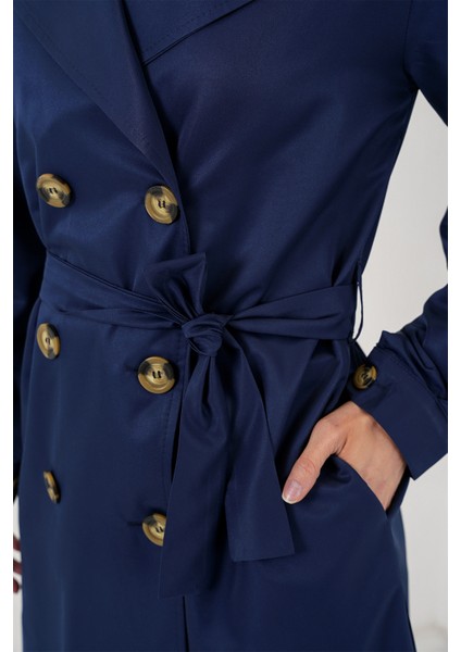 5864 Kruvaze Yaka Kısa Trençkot - Lacivert indirimleri