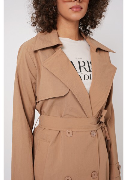 5938 Kruvaze Yaka Trençkot - Camel fırsatları