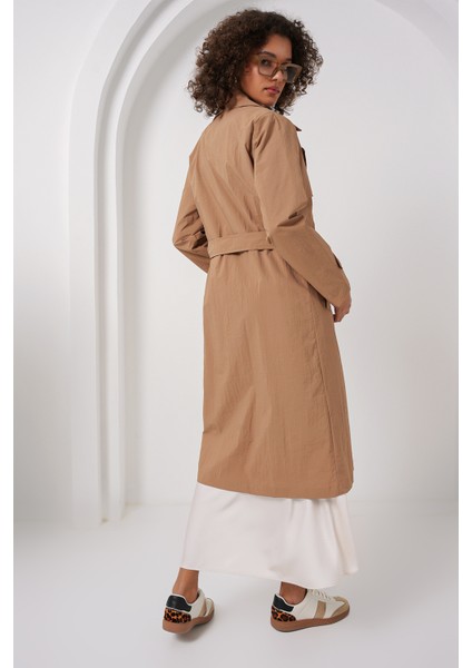 5938 Kruvaze Yaka Trençkot - Camel indirimleri