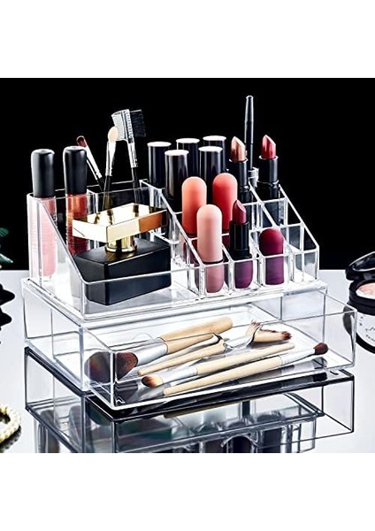 Deconox 17 Bölmeli Şeffaf Akrilik Makyaj Düzenleyici - Tek Çekmeceli Kozmetik Organizeri | Ruj, Fırça, Fondöten, Palet Saklama Kutusu (23X14X14 Cm) fiyatları