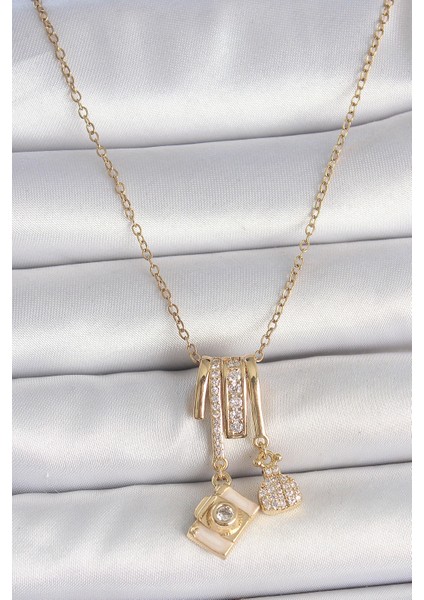 316L Çelik Gold Renk Zirkon Taşlı Sallantı Fotoğraf Makinası Figür Charm Kadın Kolye