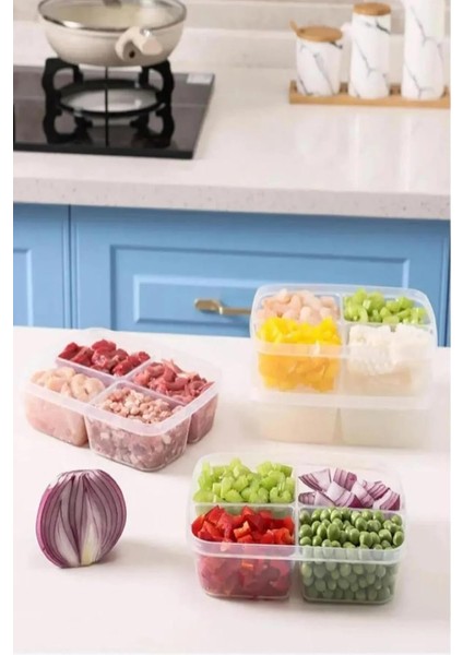 1 Adet 4 Bölmeli Öğünlük Et ve Sebze Saklama Kabı - Dondurulmuş Bakliyat Buzluk Buzdolabı Kutusu Large (Beyaz)