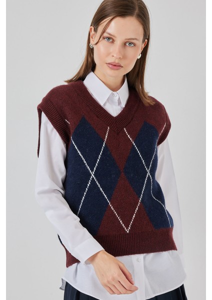 Kadın Baklava Desenli Süveter 15940 - Bordo