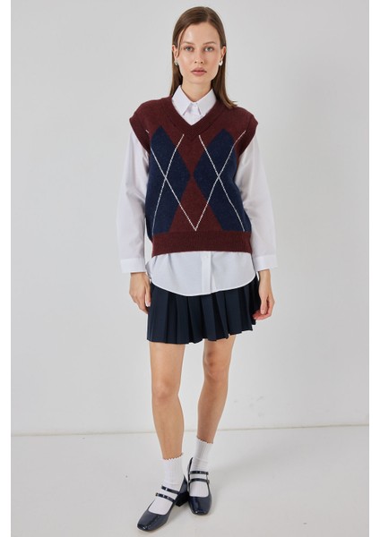 Kadın Baklava Desenli Süveter 15940 - Bordo fiyatları