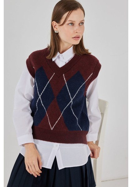 Kadın Baklava Desenli Süveter 15940 - Bordo modelleri