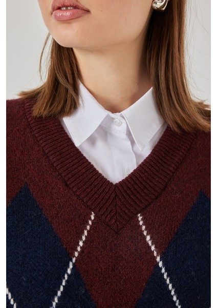 Kadın Baklava Desenli Süveter 15940 - Bordo indirimleri