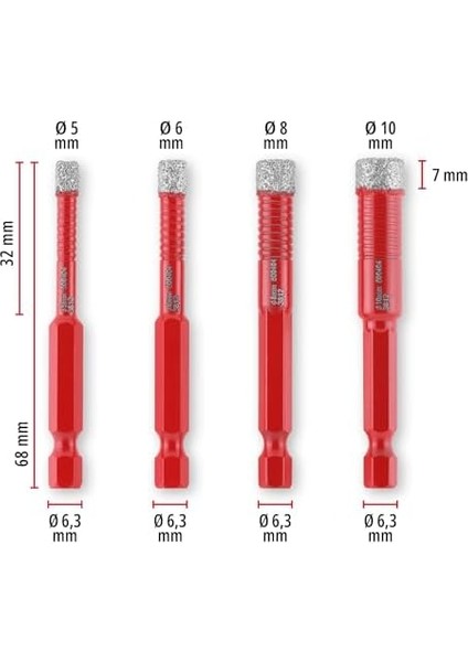 Xs- 4-Parça Taşlı Uç Seti (Kuru Kesim, 7 mm Kaplama, Dolgulu, Süper Turbo Kesme Kenarı, E 6.3 Şaft, Saklama Kutusu Dahil) - 49500404 modelleri