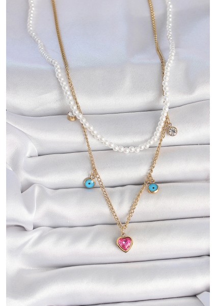 316L Çelik Gold Renk 2'li Inci Zincir Model Pembe Taşlı Kalp Figür Nazar Boncuk Detay Kadın Kolye fiyatları