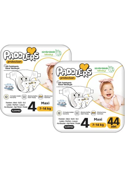 Paddlers Protection Bebek Bezi 4 Numara Maxi 88 Adet (7-14 Kg) 2'li Jumbo Set