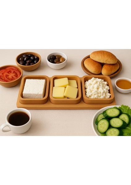 Ahşap Çerezlik ve Kahvaltılık – Tepsili 3 Kaseli Sunum Tabağı T11
